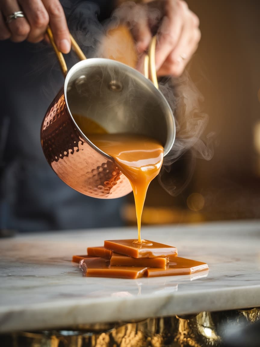 Handcrafted toffee being poured from a copper pot